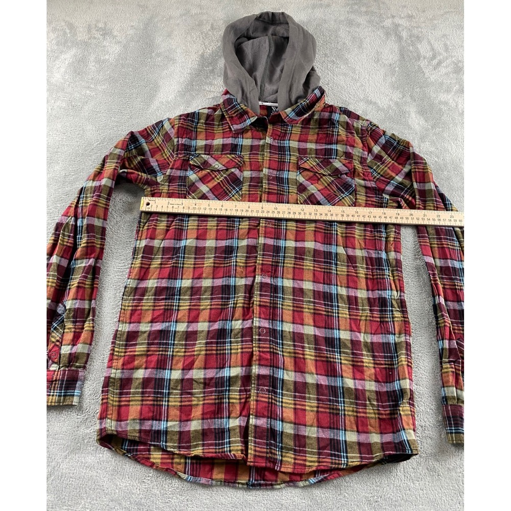 Shawn White Mens‎ XL Hooded Flannel Shirt Red Plaid Snap Button Long Slv Skater - Picture 6 of 10